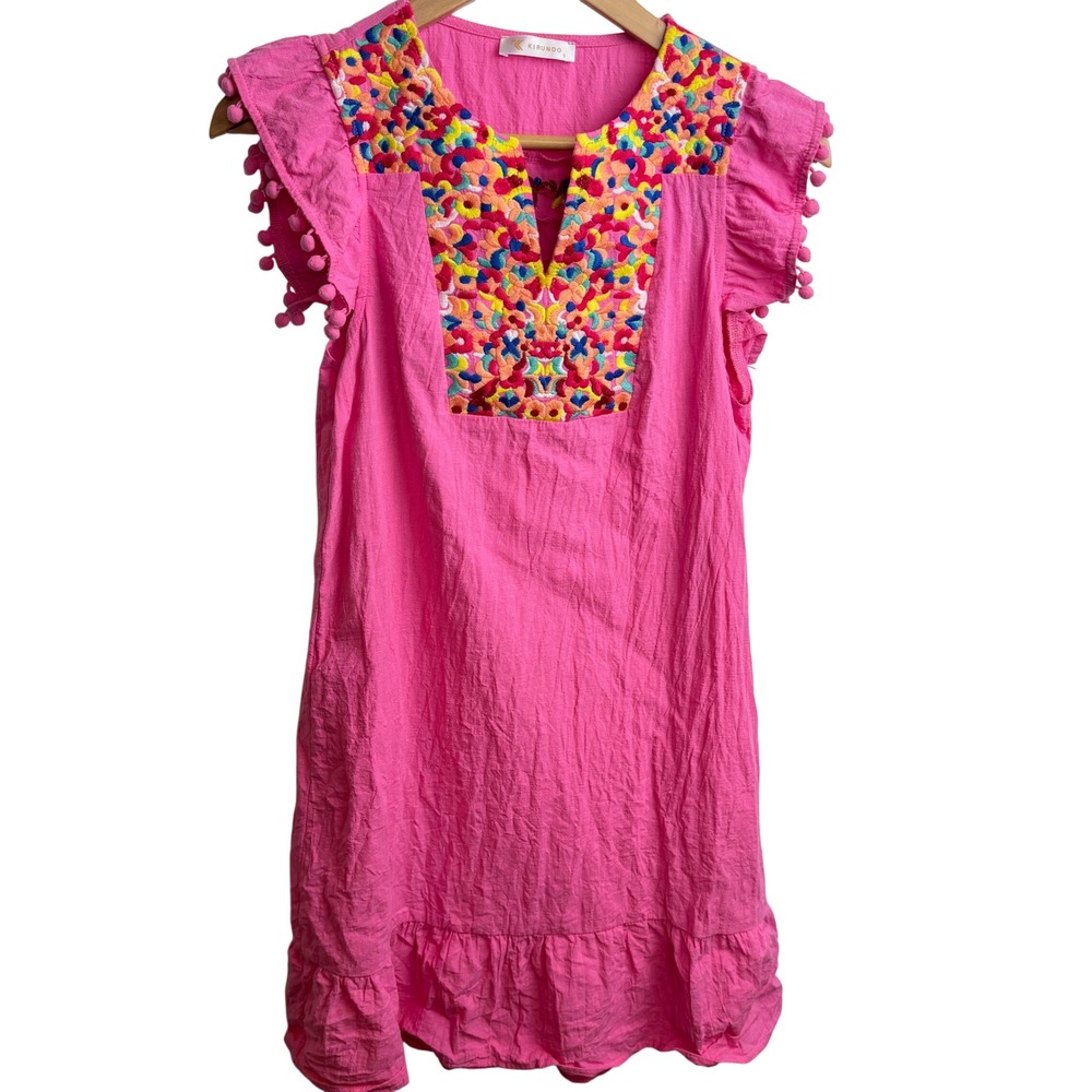 KIRUNDO Women Embroidered Pom Pom Flutter Sleeve Mini Dress S Pink Boho Summer